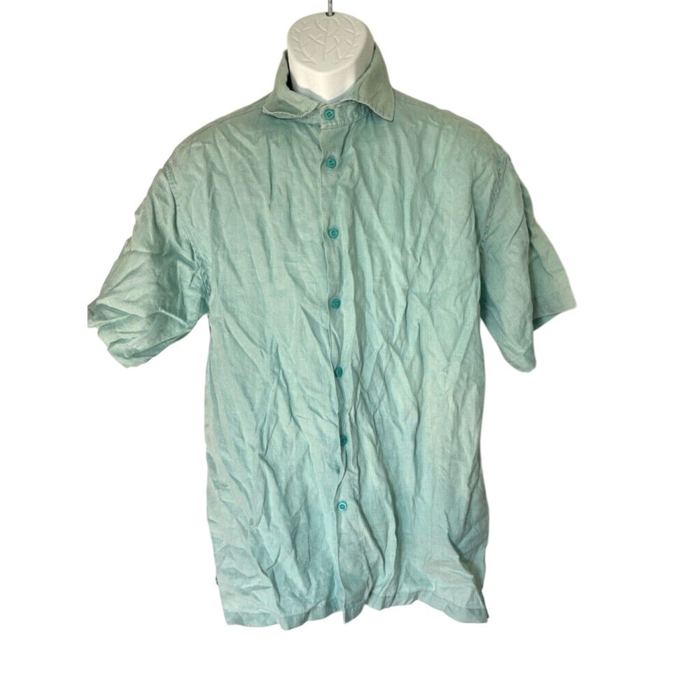 Island‎ Importer Men's 100% Linen Short Sleeve Button Up Shirt Light Blue
